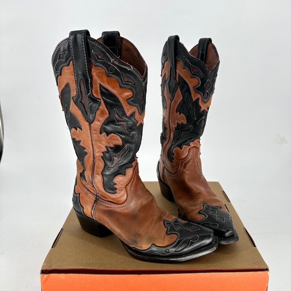 Resistol Brown Black Two Tone Cowgirl Western Ranch Boots Snip Toe FLAW Women 6